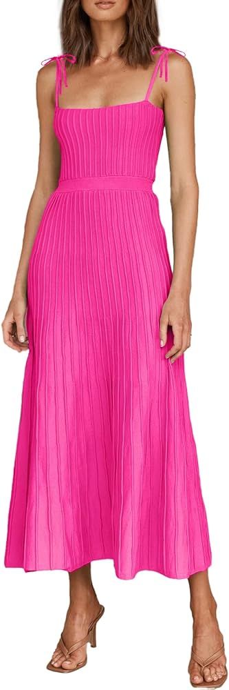 ARTFREE Womens Ribbed Knit Summer Maxi Dresses Tie Straps Square Neck Party Long Dress | Amazon (US)