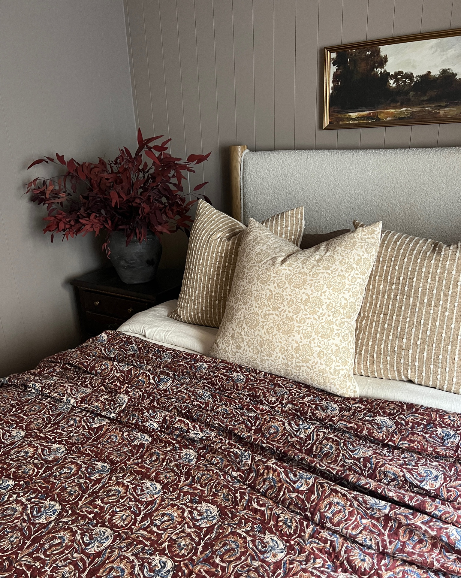 Moody bedroom styling 

Guest room burgundy kantha quilt tan beige throw pillow cover striped floral block print vintage rug red stems dark found vase aged bronze round side table urn lamp brown bench throw blanket vintage landscape framed art studio mcgee Etsy amber Lewis loloi linen curtains white and black quilt stitching empire lamp shade ceramic dish cream candle 

#LTKsalealert #LTKMostLoved #LTKstyletip