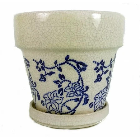 Blue and White Floral Glazed Ceramic Pot - 4.5" x 4.25" | Walmart (US)