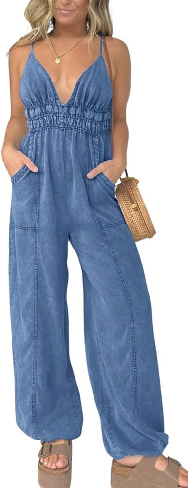 utcoco Womens Smocked Elastic Waist Denim Jumpsuit Sleeveless Adjustable Straps Wide Leg Jeans Ov... | Amazon (US)