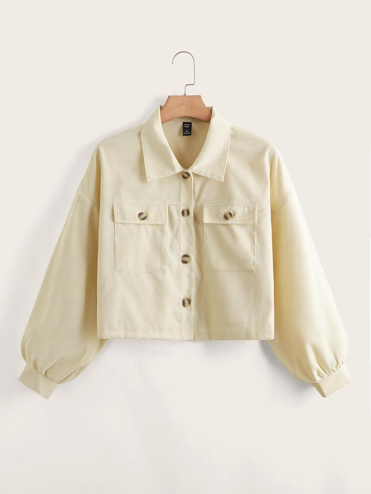 Plus Flap Pocket Drop Shoulder Corduroy Jacket | SHEIN