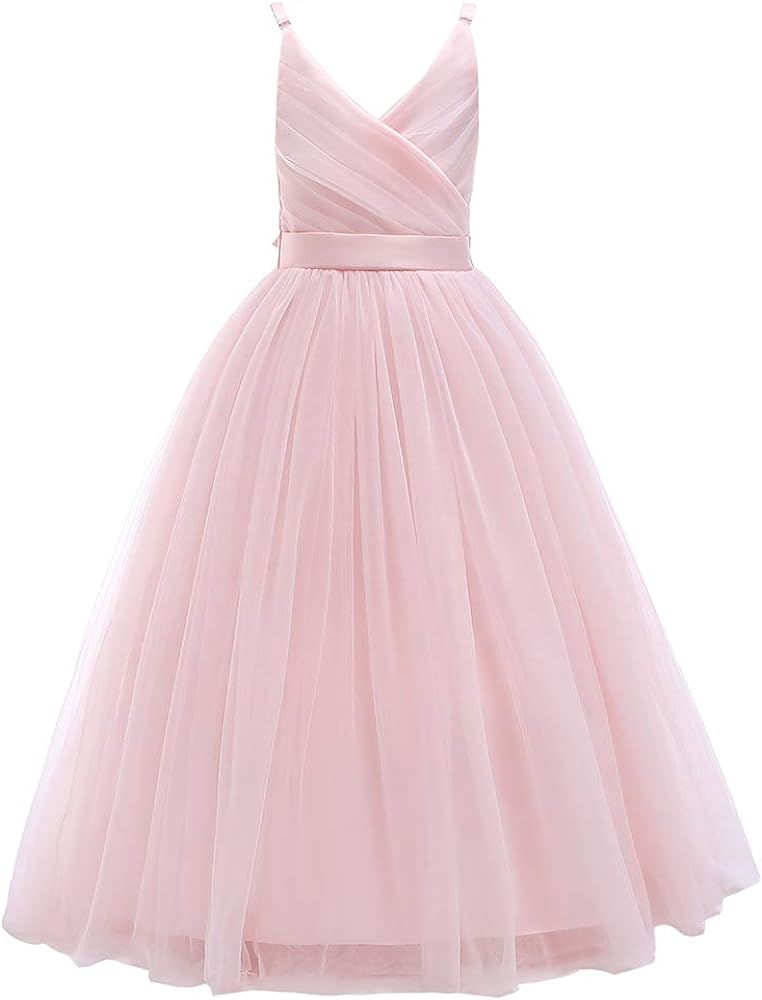 Glamulice Flower Girls Spaghetti Strap Tulle Dress Long A Line Wedding Pageant Dresses Princess B... | Amazon (US)