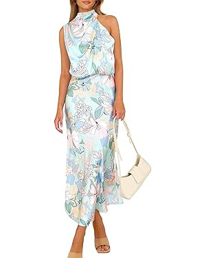 PRETTYGARDEN Women's 2025 Summer Satin Dress Elegant Sleeveless Mock Neck Cocktail Party Maxi Dre... | Amazon (US)