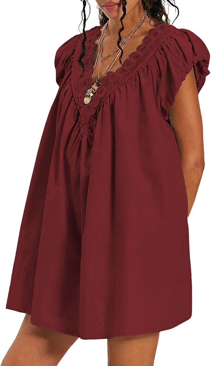 OWNGIGI Women's Summer Dresses 2026 V Neck Scalloped Trim Puff Sleeve A Line Casual Party Dress w... | Amazon (US)