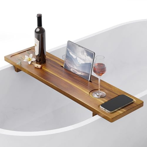 LotusSway Bathtub Tray, Acacia Bath Tray for Tub, 34.6''x9'' Wooden Bathtub Caddy Tray with Adjustable Legs Fit Various Bathtubs, Anti-Tipping, Sustainable Bath Table with Wine Glass and Tablet Holder | Amazon (US)