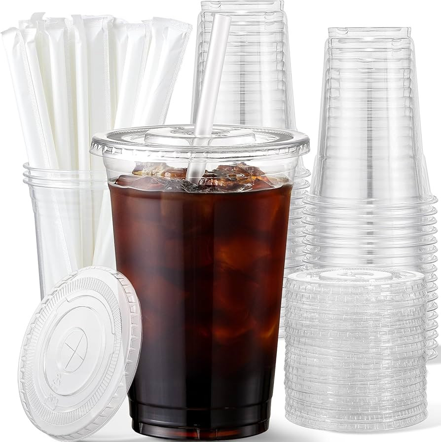 AOZITA 16 oz Plastic Cups with Lids and Straws, 50 Pack, Disposable Iced Coffee Cups with Lids, C... | Amazon (US)