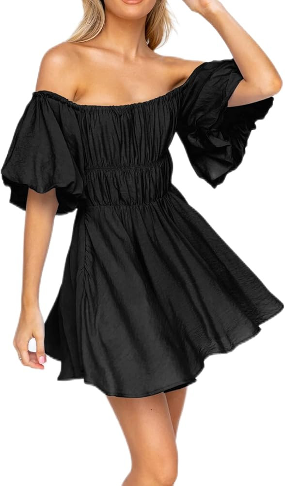 R.Vivimos Summer Dress for Women Short Puff Sleeve Boho Off The Shoulder Casual Smocked Swing Min... | Amazon (US)