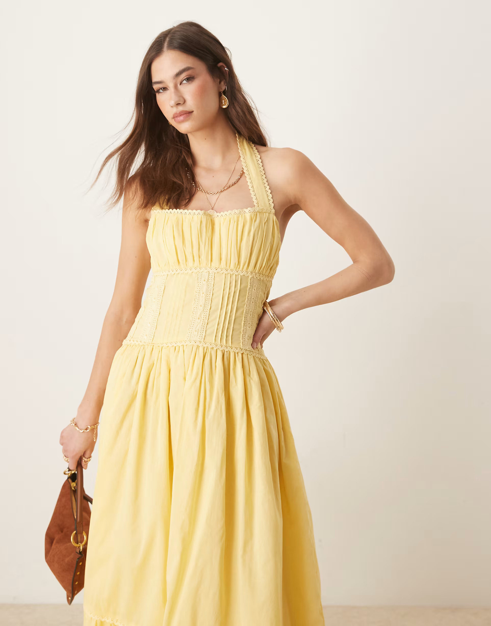 ASOS DESIGN halter neck lace prairie dress with pintucks in lemon | ASOS | ASOS (Global)