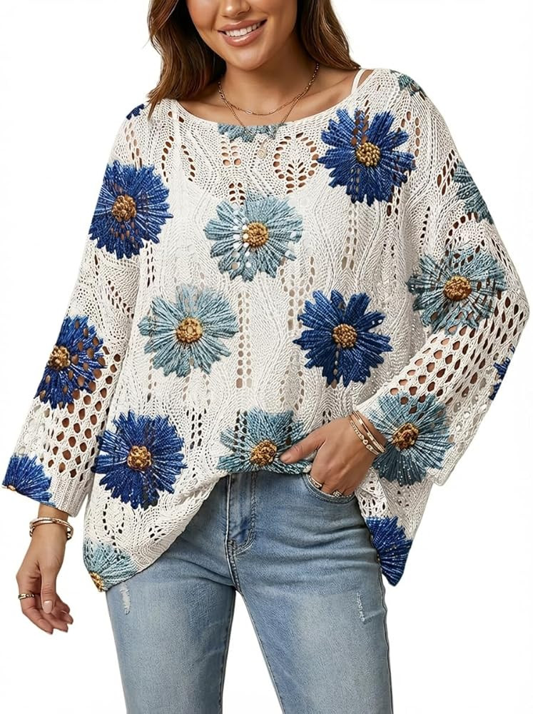 Blue Floral Boho Crochet Top Women's Plus Size Beach Vacation Blouse | Amazon (US)