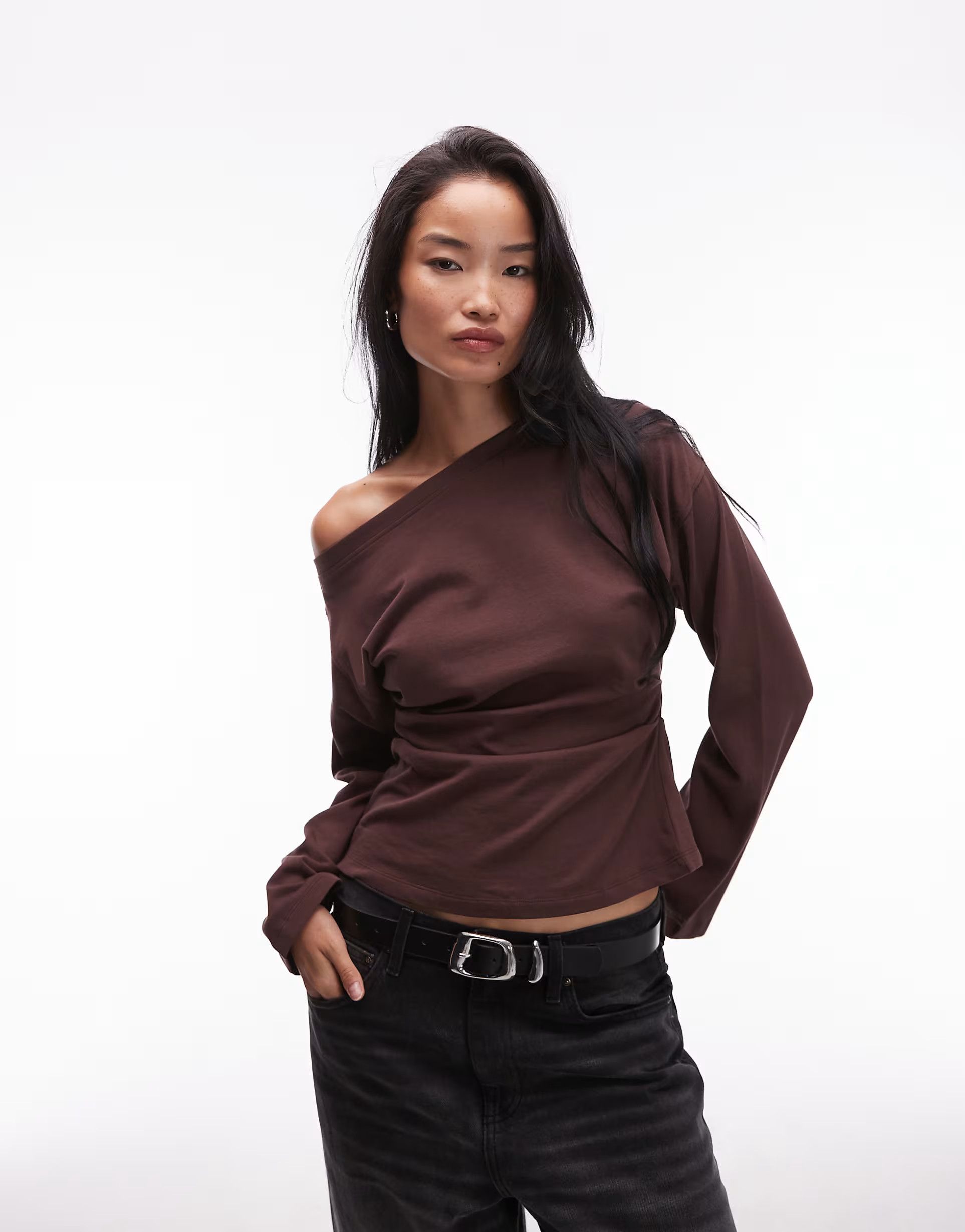 ASOS DESIGN long sleeve off shoulder corset waist tee in chocolate | ASOS (Global)