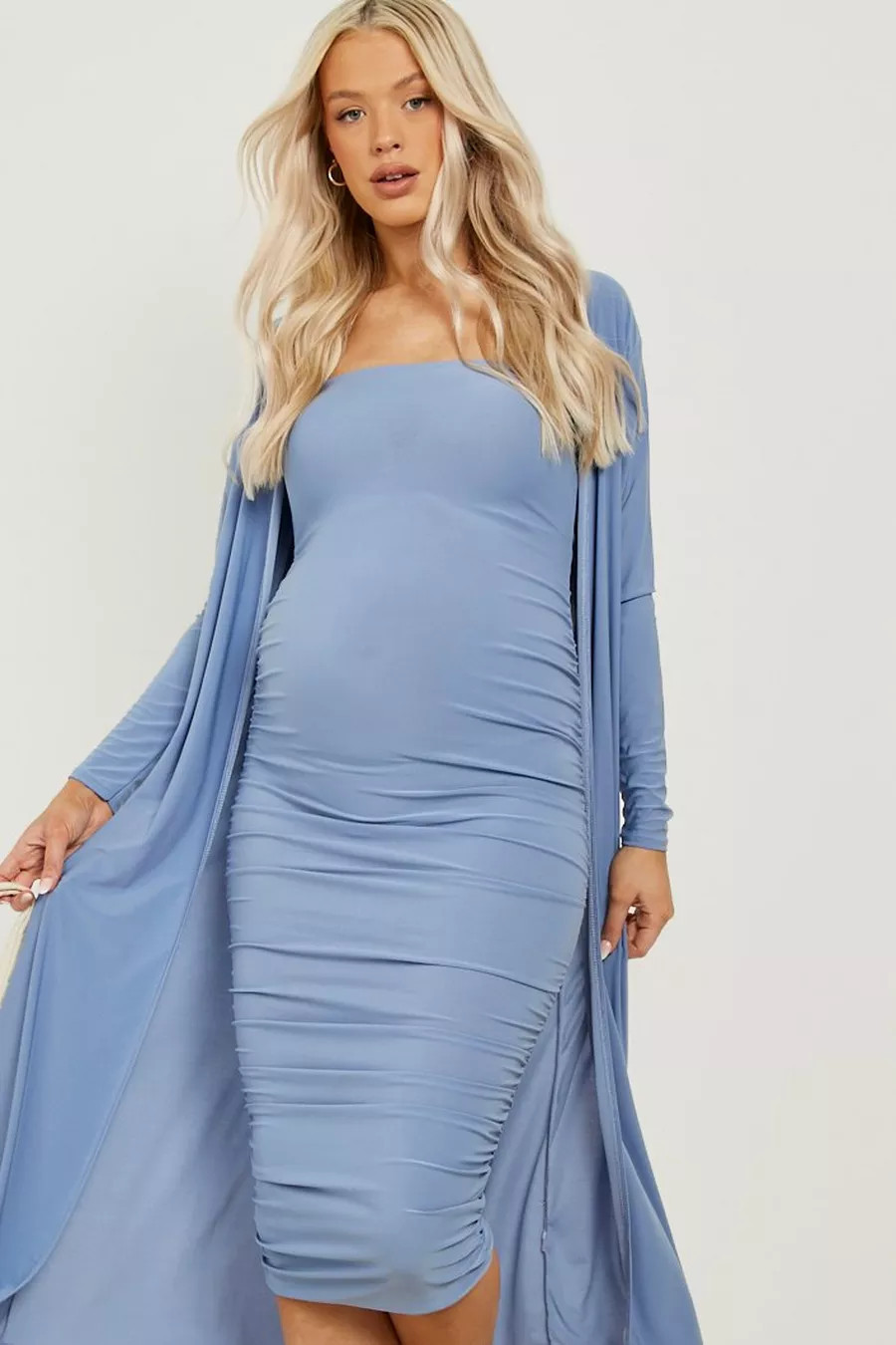 Maternity Square Neck Ruched Duster Dress Set | boohoo (US & Canada)