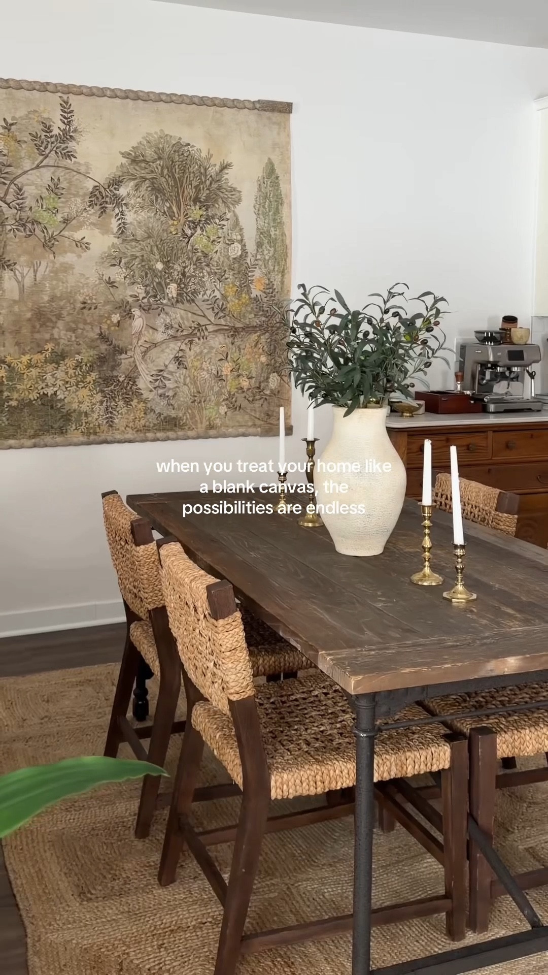 12/15/25 rearranging our dining room and giving the space a little refresh. I’m linking our Anthropologie wall art tapestry that adds so much texture and warmth to the room, along with our Rugs USA natural jute rug. We previously had a diamond-pattern jute rug in here, and I swapped it for this more simple, natural jute style to change up the feel without buying all new furniture. Such a good reminder that sometimes a small switch like rearranging furniture or changing a rug can completely transform a space.

#LTKHoliday #LTKHome