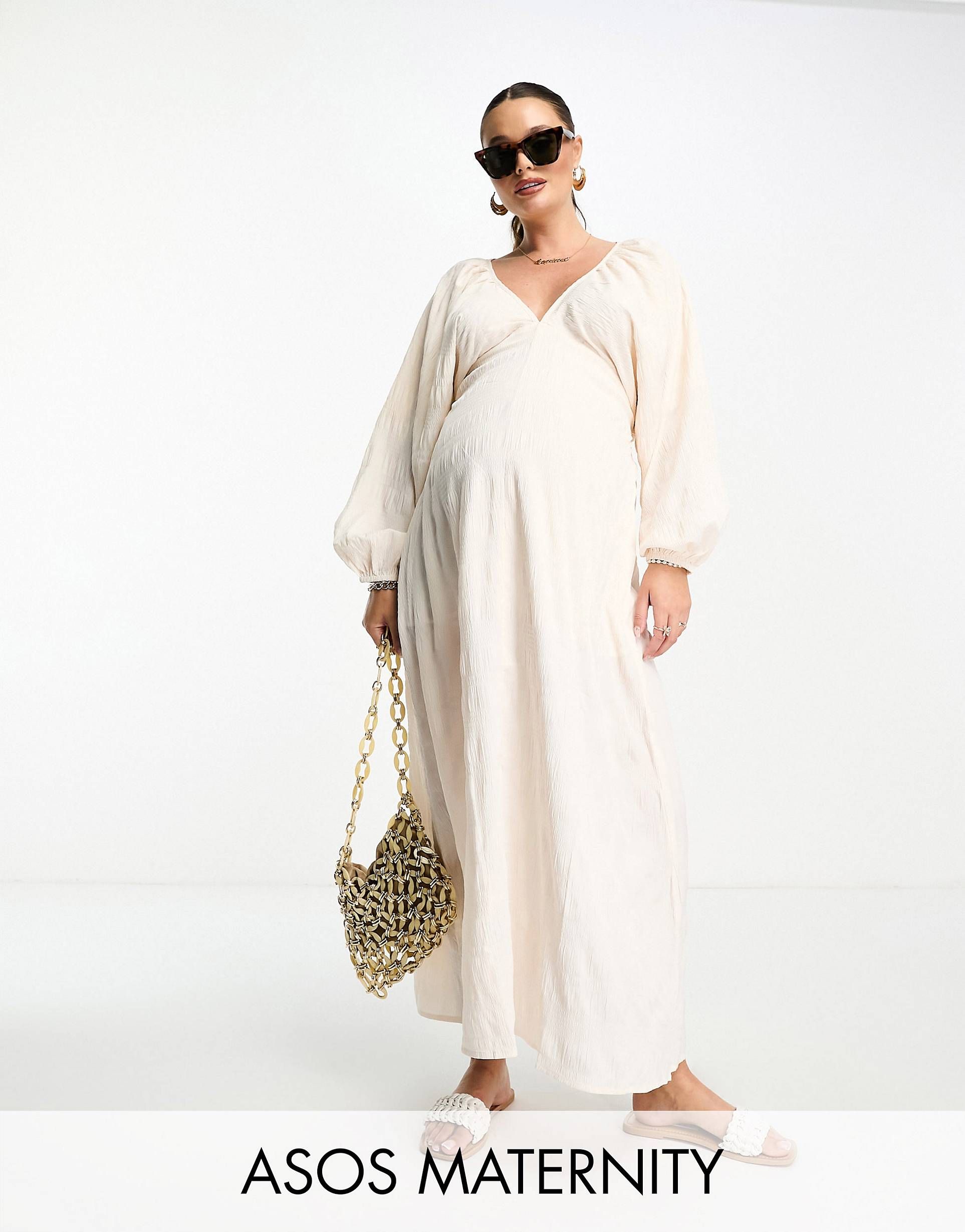 ASOS DESIGN Maternity textured v neck batwing midi dress in cream | ASOS (Global)
