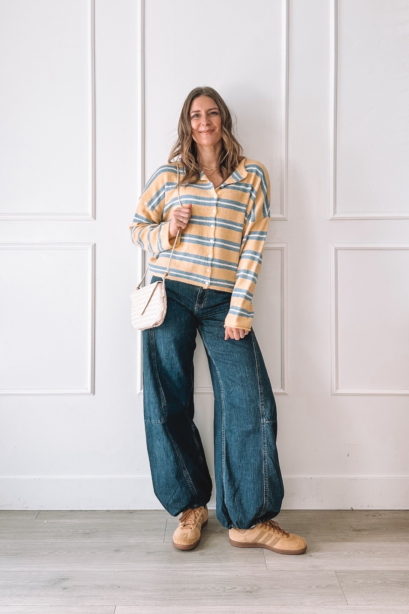 Striped button down sweater with relaxed wide leg jeans and neutral sneakers for an easy everyday outfit. Cozy casual mom style that feels put together.

#LTKgrwm #LTKdayinmylife #LTKootd