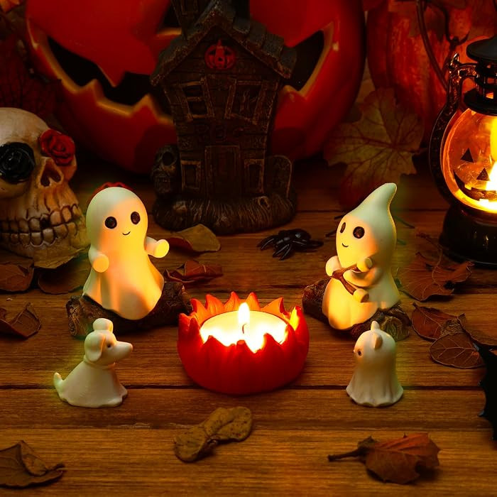 JULEASEL Glow-in-The-Dark Ghost Campfire Gathering, Cute & Cozy Halloween Ghost Figurine Set | 2 Ghosts, Ghost Dog, Ghost Cat and Tea Light Holder | Resin Ghost Statue for Home, Mantel, Shelf, Desk | Amazon (US)