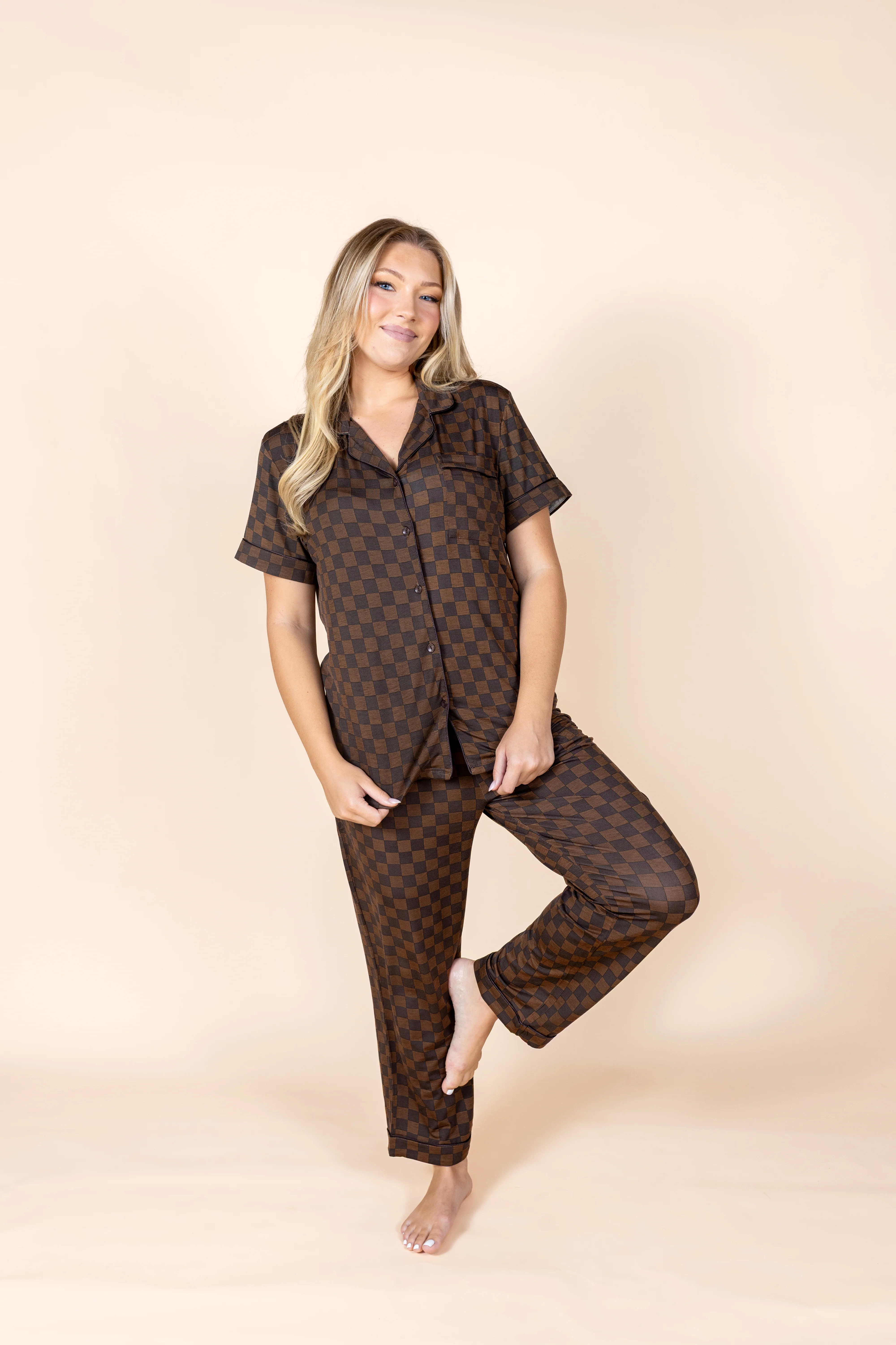 Espresso Checkered Short Sleeve & Cropped Pant Pajama Set | In My Sundays