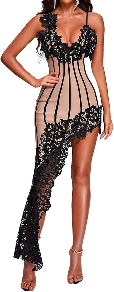 BELLA BARNETT Midi Lace Dress Sexy Bandage Dress Elegant Evening Dress Spaghetti Strap Bobycon Dr... | Amazon (US)