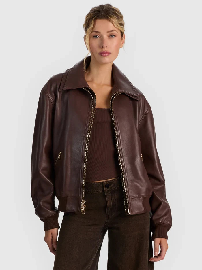 COLLINS DOUBLE LAYER LEATHER JACKET in DARK CHOCOLATE | ALICE + OLIVIA | Alice + Olivia