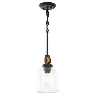 Knollwood 1-Light Blackened Bronze Mini Pendant Hanging Light with Vintage Brass Accents and Clea... | The Home Depot