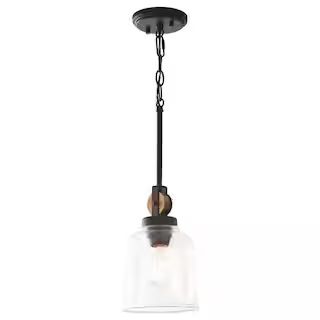 Knollwood 1-Light Blackened Bronze Mini Pendant Hanging Light with Vintage Brass Accents and Clea... | The Home Depot