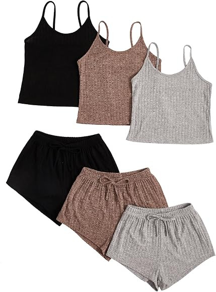 SheIn Women's 3 Sets Rib Knit Lounge Set Crop Cami Top and Tie Front Shorts Sleepwear Pajama Set | Amazon (US)