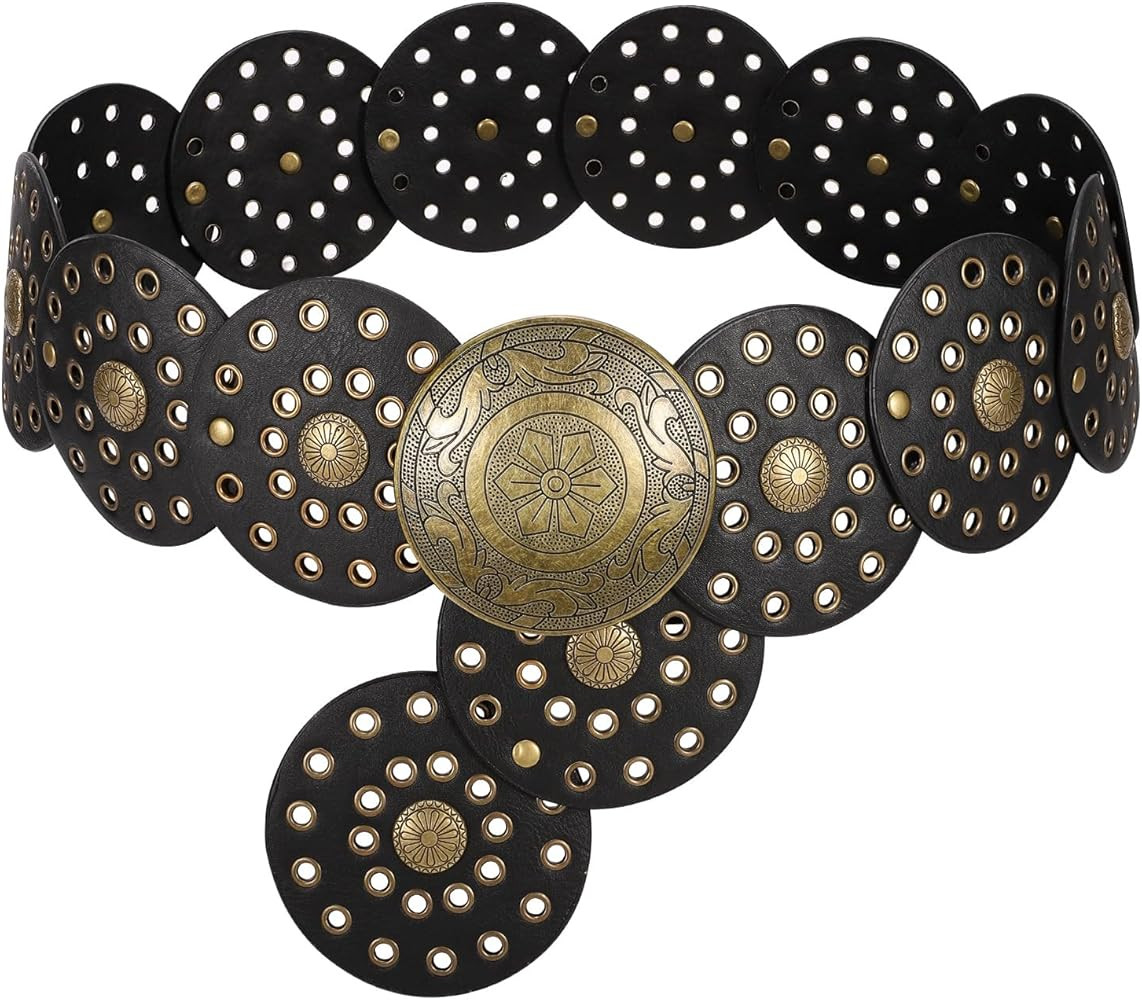 WERFORU Women Wide Western Disc Belt Cowgirl Boho Leather Belt for Jeans Dress | Amazon (US)