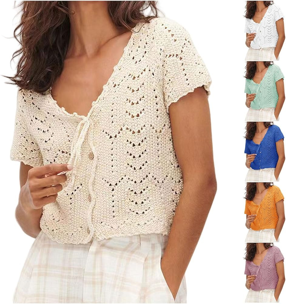 Womens Crop Cardigan Button Down Hollow Out Short Sleeve Crochet Knit Sweater Casual Lightweight ... | Amazon (US)