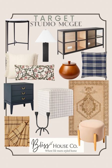Home decor finds from Studio McGee at Target

Ottoman, console, accent table, candlestick, area rug, nightstand, fall pillows, table lamp, throw blanket