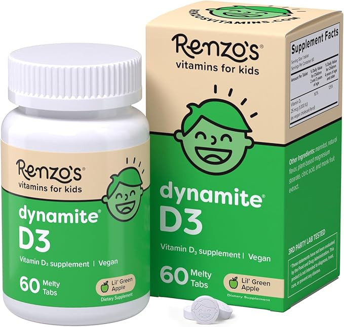 Renzo's Dynamite Vitamin D3, Dissolving Kids Vitamin D3, 60 Sugar-Free Melty Tabs, Lil’ Green A... | Amazon (US)