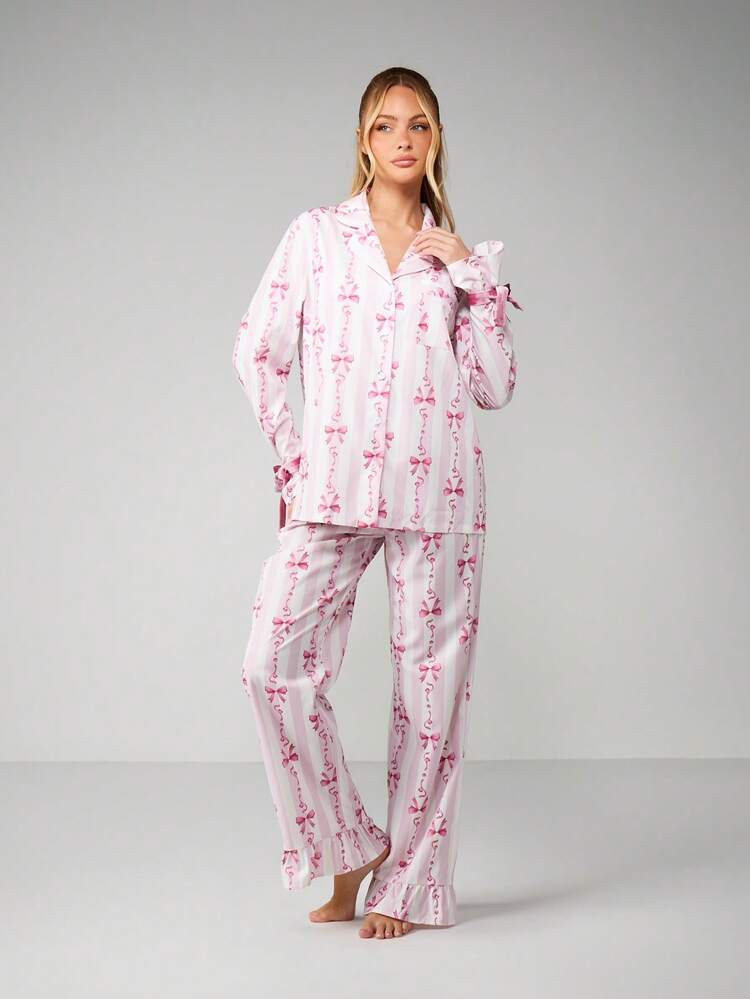 MISSGUIDED Bow Print Pajama Set Long Sleeve Button Up Top With Ruffle Hem Pants Sleepwear | SHEIN