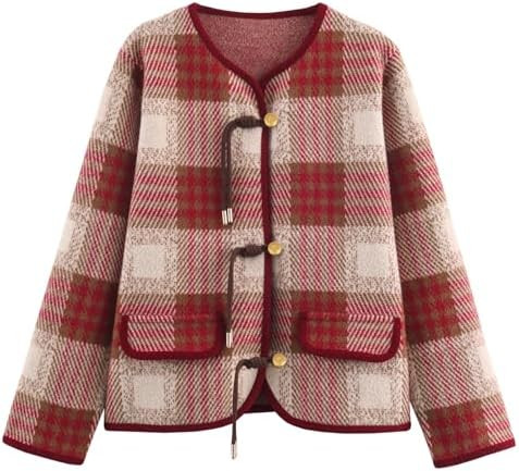 HOULENGS Women's Vintage Button Down Cardigan Sweater Plaid Print Long Sleeve Knit Coat Fall Fash... | Amazon (US)