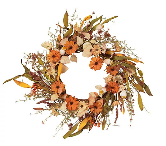 22"D Harvest Wreath with Fall Flowers by GersonCo. - QVC.com | QVC