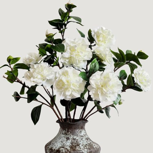 KBREE 26” Artificial White Flowers, 4Pcs Cream White Camellia Flowers, Long Floral Stems for Ta... | Amazon (US)