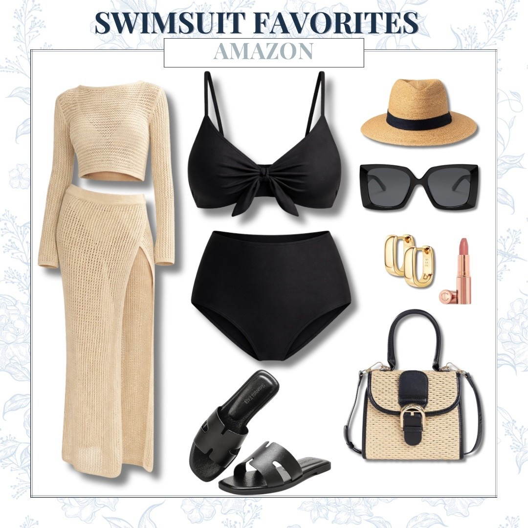 A refined take on swim with a structured black set paired back to soft neutrals for an effortless, elevated finish. The knit cover set brings texture and coverage while the hat, woven bag, and gold accents polish the look for poolside to lunch without missing a step.

black bikini, high waisted bikini, amazon swim, resort wear, beach outfit, vacation style, neutral outfit, knit cover up set, straw hat, woven handbag, black sandals, oversized sunglasses, gold jewelry, chic summer look, elevated swim style, AudrieDollins

#LTKSwim #LTKOver40 #LTKSeasonal