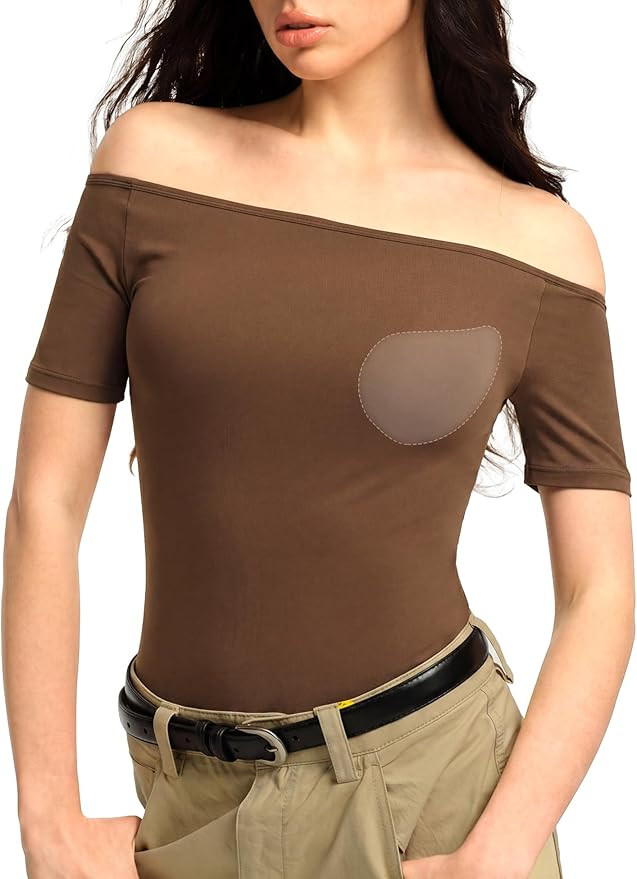 3 Ways-wear Built-in Bra Short Sleeve Shirts Boat Neck/Off Shoulder/One Shoulder Top Seamless Str... | Amazon (US)