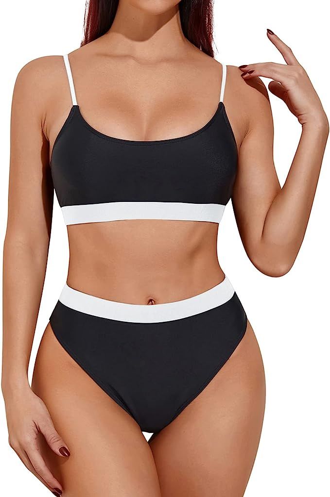 Tempt Me Two Piece High Waisted Bikini Sporty Scoop Neck Swimsuits for Women High Cut Bathing Sui... | Amazon (US)