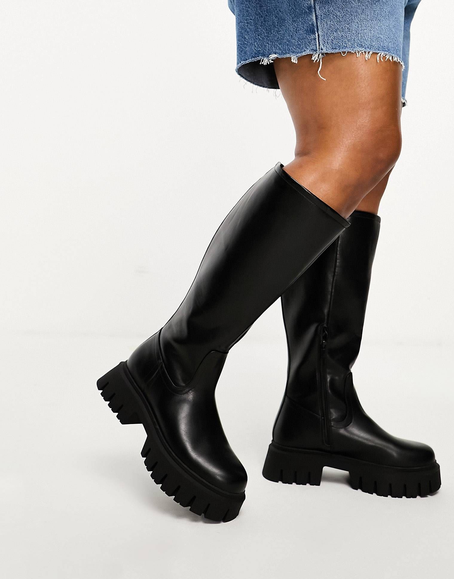 ASOS DESIGN Curve Carter chunky flat knee boots in black | ASOS | ASOS (Global)