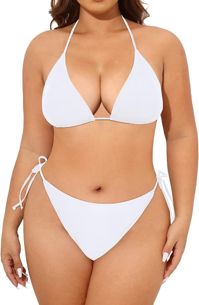 Tempt Me Women Plus Size Triangle Bikini String Two Piece Halter Tie Side Swimsuit | Amazon (US)