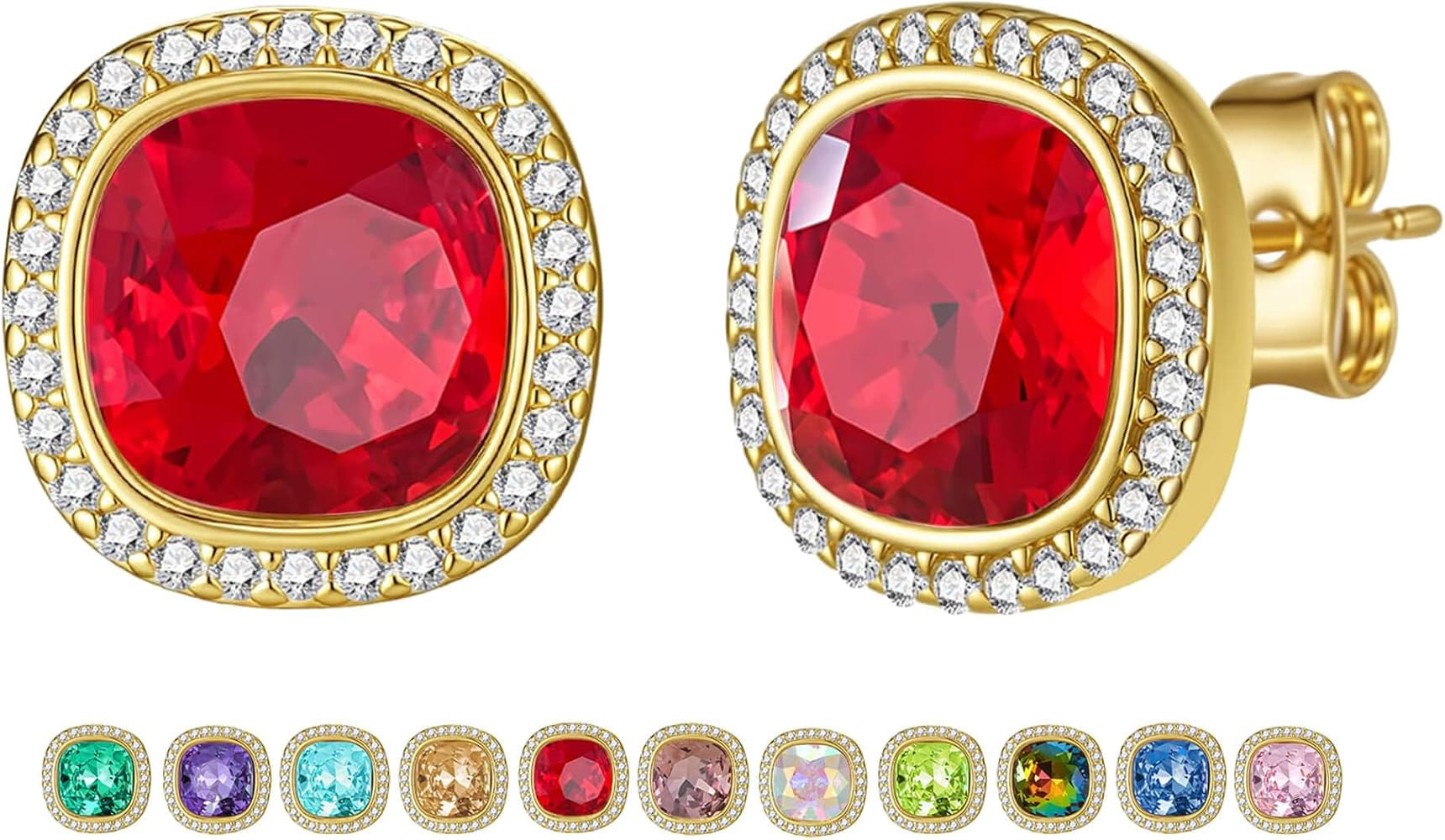 EVEVIC Austrian Crystal Halo Square Stud Earrings for Women 14K Gold Plated Birthstone Earring Hy... | Amazon (US)