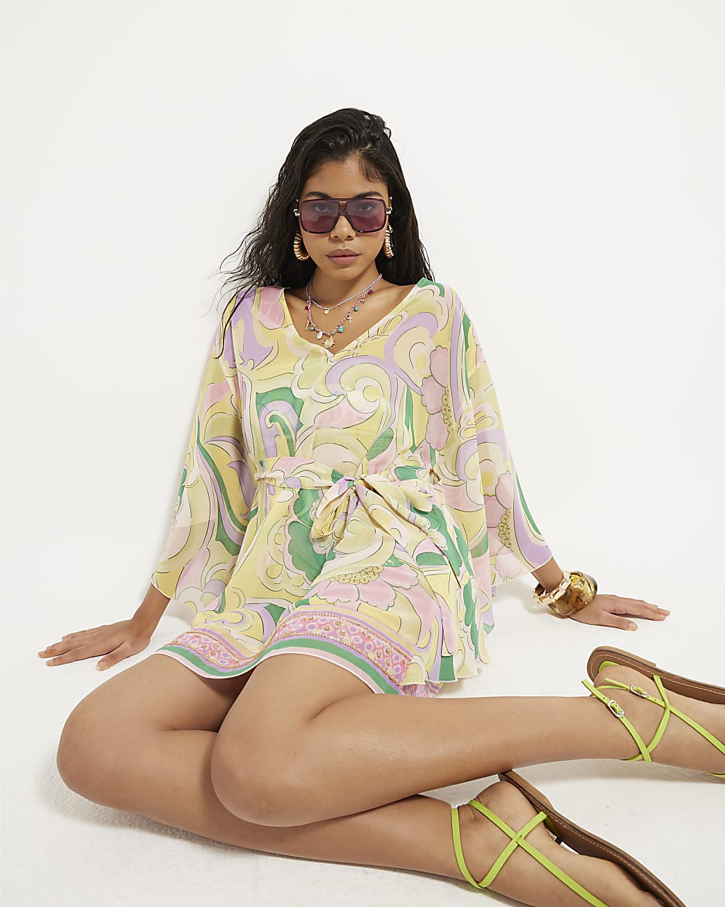 Multi Colour Swirl Chiffon Mini Beach Kaftan | River Island UK & IE