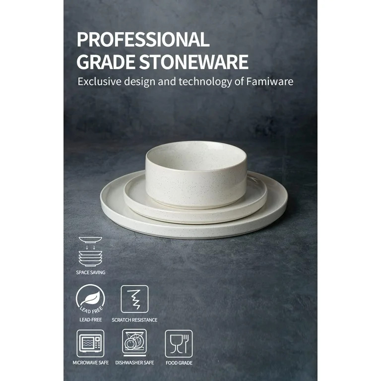 Famiware 12-Piece Stoneware Dinnerware Set with Plates & Bowls for 4, White | Walmart (US)