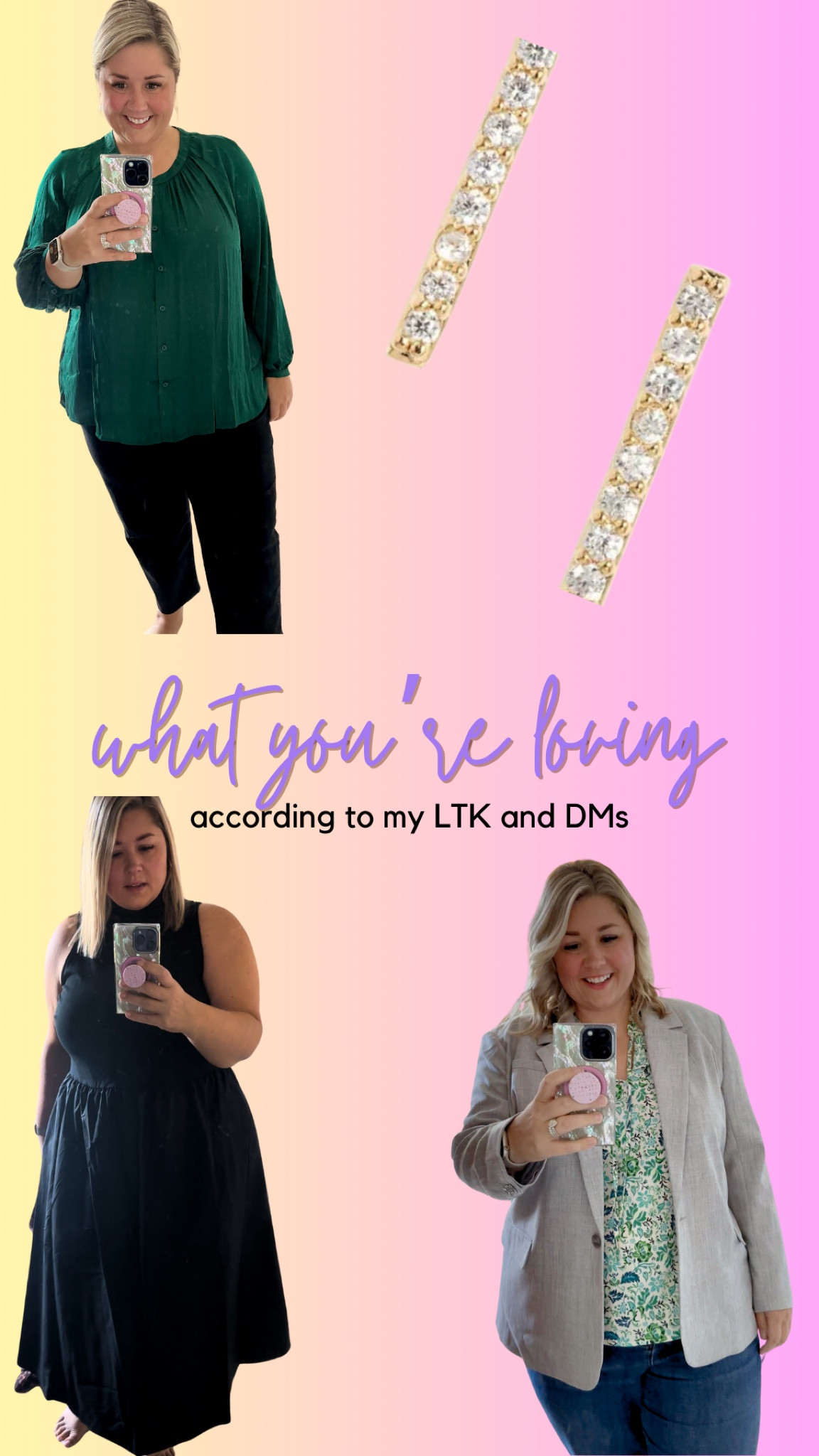 What you’ve been loving according to my LTK stats and my DMs.

Green blouse - 1X
Demi fine earrings - gold 
Mock neck dress (black) - 1X
Classic suiting blazer (gray) - XXL

#LTKFindsUnder100 #LTKMidsize #LTKPlusSize