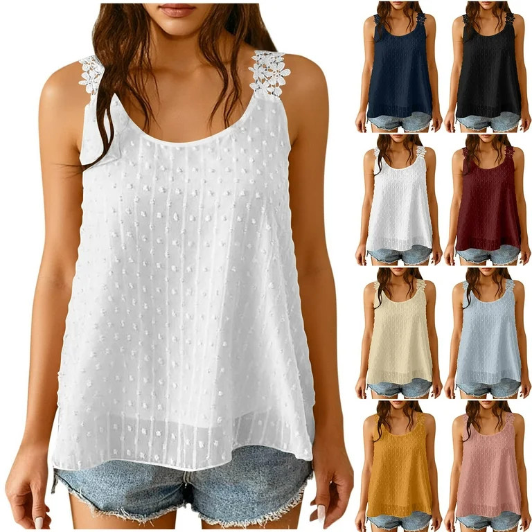 Meichang Flowy Tank Tops for Women Sleeveless Boho Floral Lace Strap Chiffon Blouses Dressy Casua... | Walmart (US)