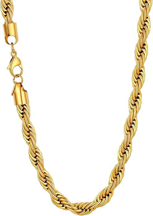 U7 Figaro Chain, Twisted Rope Chain, Men Stainless Steel Necklace,3mm,5mm,6mm,9mm 18K Gold Plated... | Amazon (US)