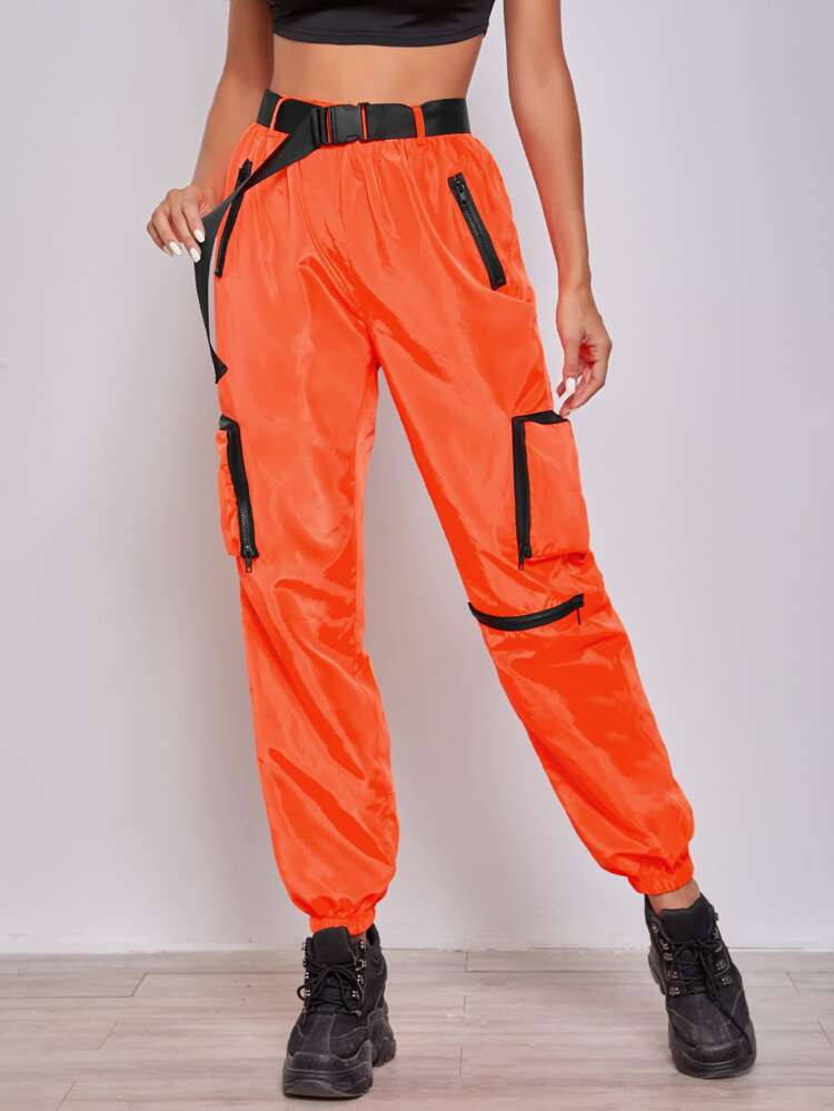 SHEIN EZwear Neon Orange Zipper Patch Pocket Push Buckle Belted Wind Joggers | SHEIN