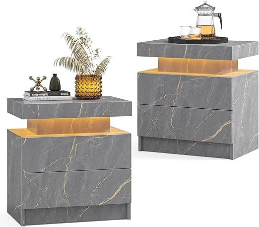 Cubehom LED Nightstands Set of 2, Modern End Table with 2 Drawers, End Tables for Living Room Bed... | Amazon (US)
