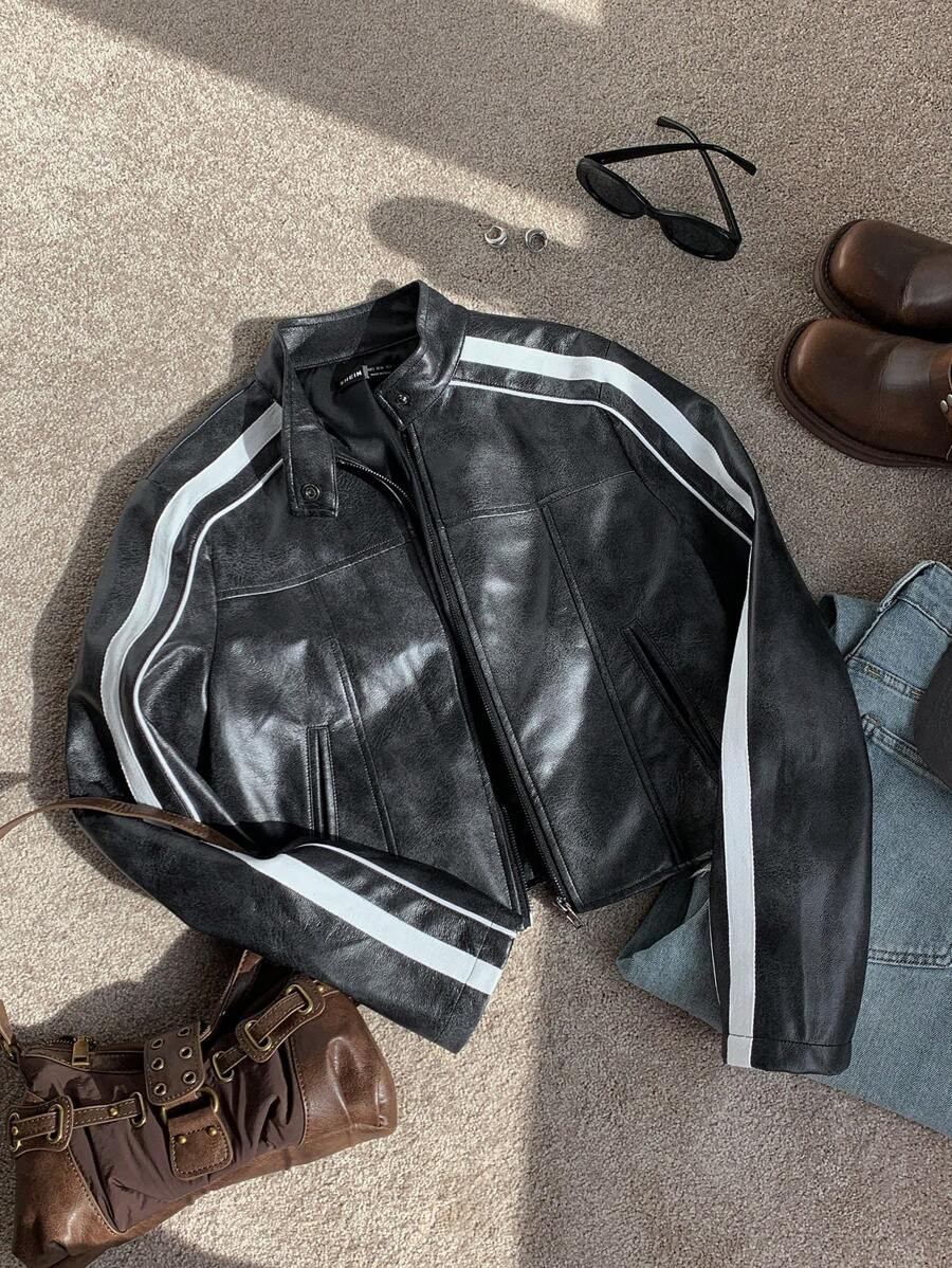 Comfortcana Striped Side-Zip Cropped Jacket For Everyday Wear, Retro Distressed, Perfect For Back... | SHEIN