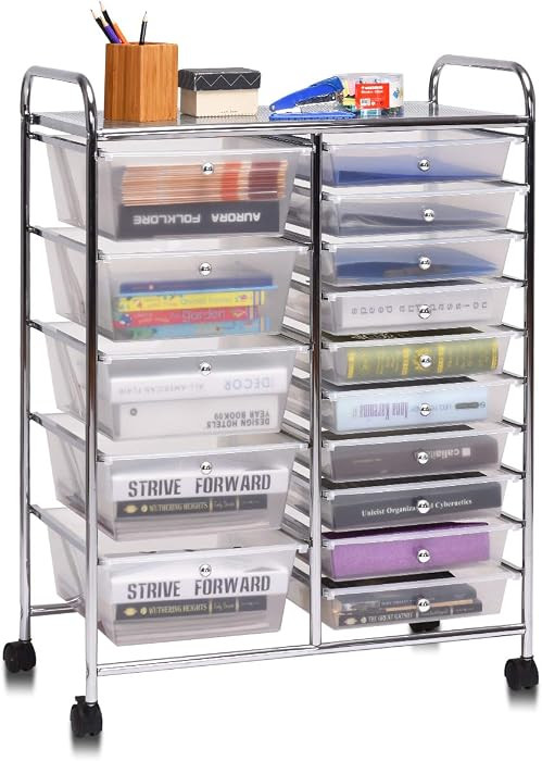 Giantex 15 Drawer Rolling Storage Cart Tools Scrapbook Paper Office School Organizer, Clear | Amazon (US)