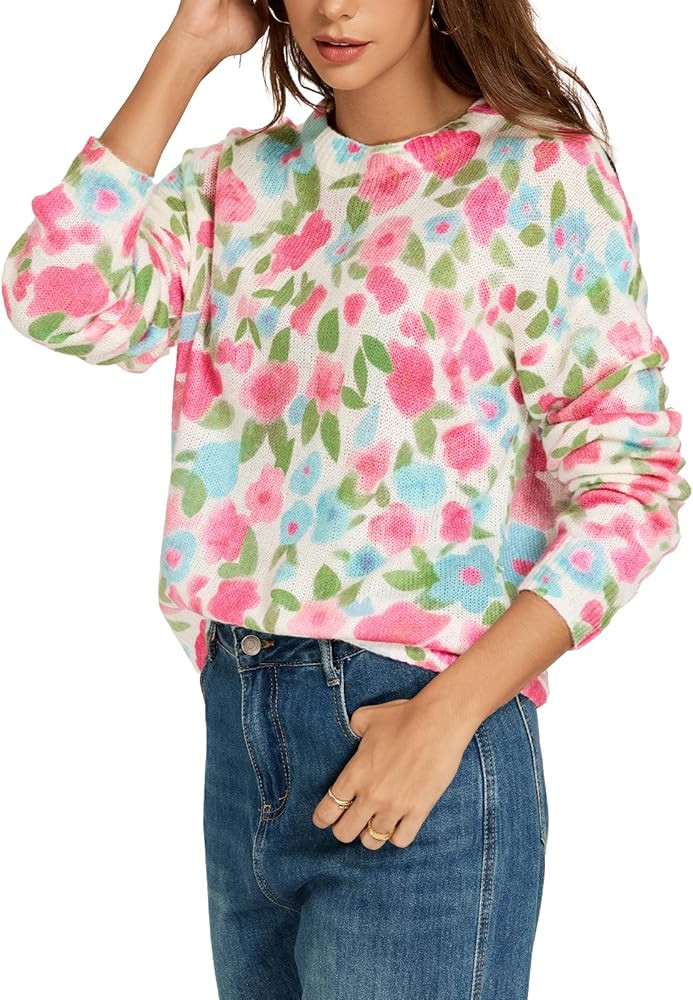 Women's Floral Print Sweaters Oversized Lightweight Wool Sweater Fall Knitted Pullover Tops Trend... | Amazon (US)