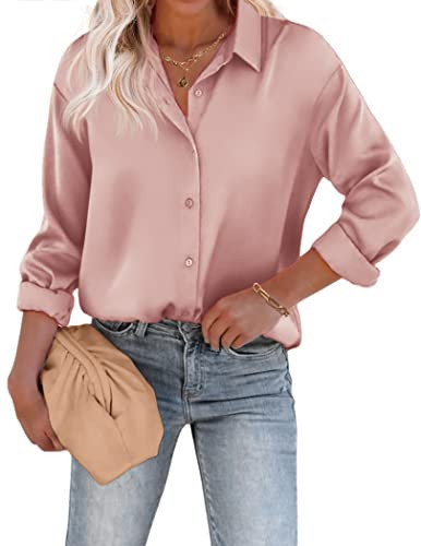 Chigant Satin Button Down Shirts for Women Casual Loose Long Sleeve Silk Blouse Silky Tunic Top Dark Pink | Amazon (US)